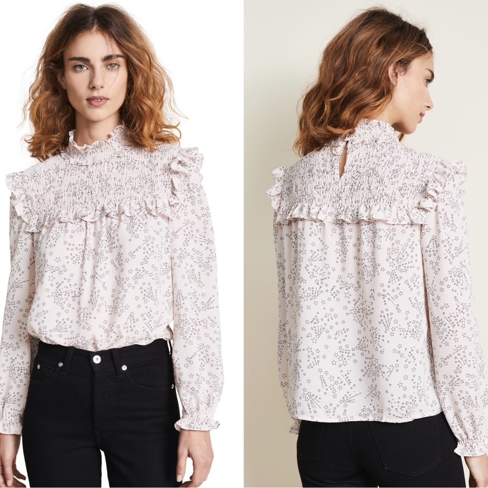 Rebecca Minkoff Cream Sharon Blouse With Ruffle & Smocking Details & Star Print